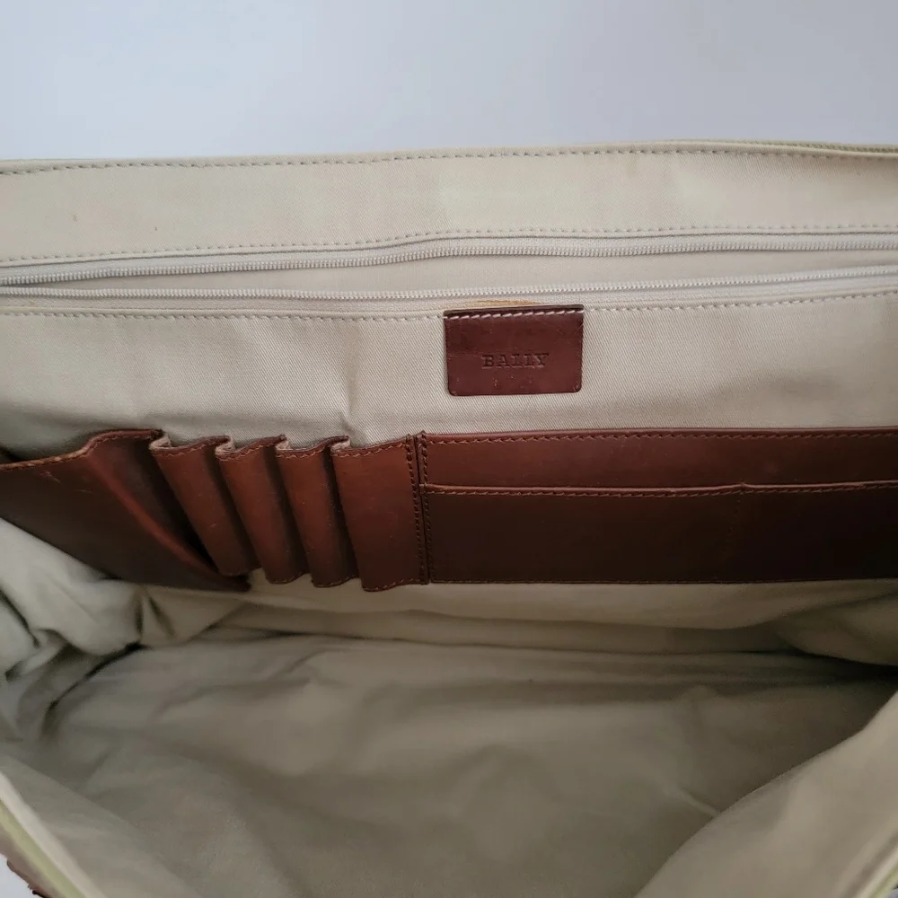 Vintage Bally Laptop Soft Briefcase Beige Nylon Brown Leather Messenger Bag